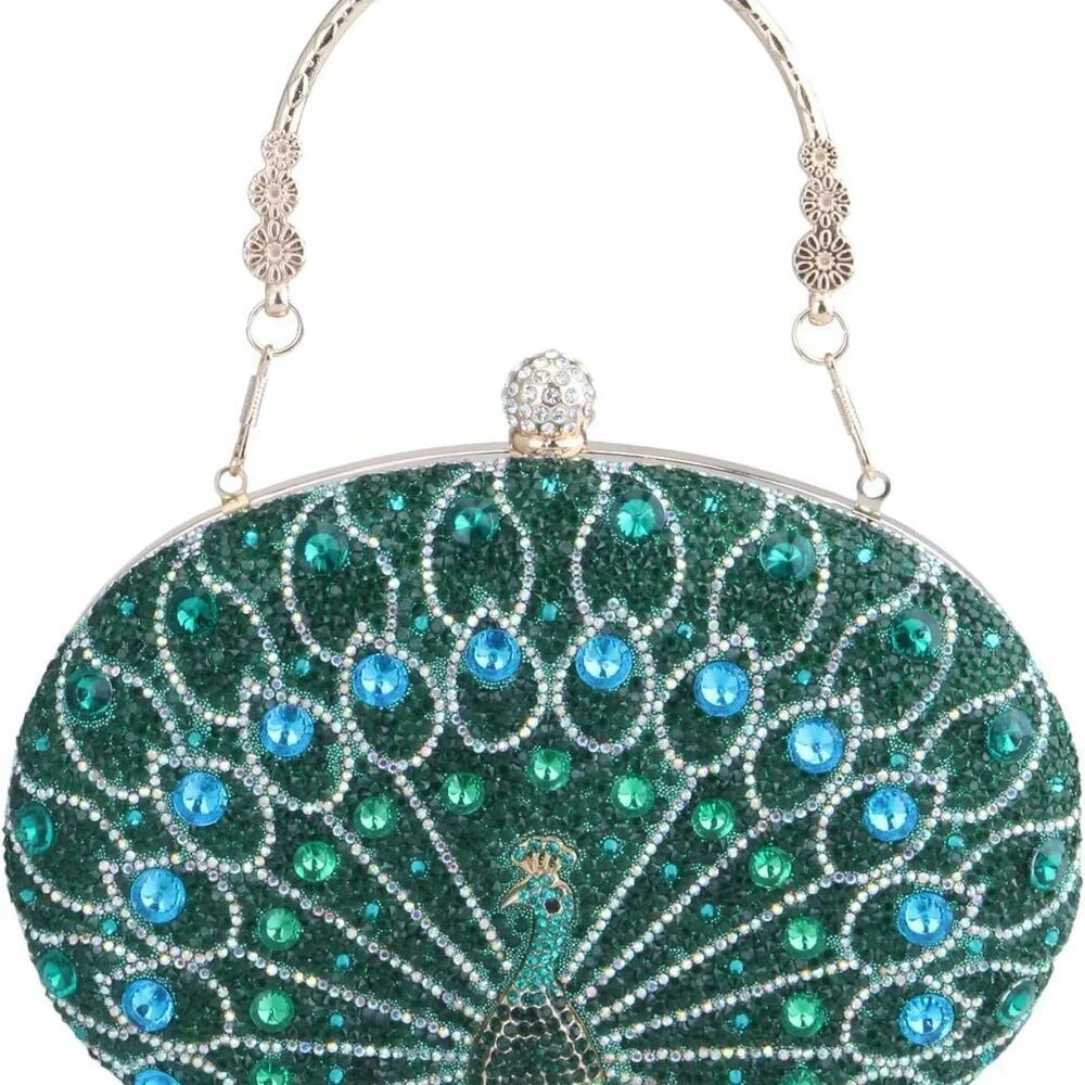 Women's Rhinestone Glitter Peacock Evening Clutch Bag for Wedding Prom